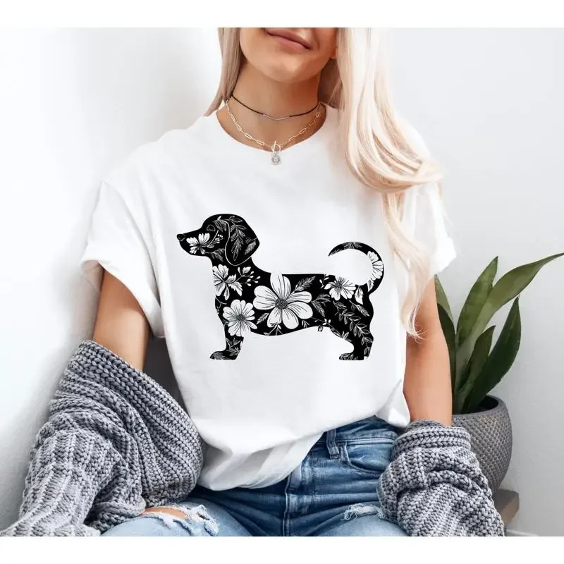 

Floral Long Dog T Shirt Pet Lover Mom Dad Cute Themed Apparel Nature Inspired Owner Clothing