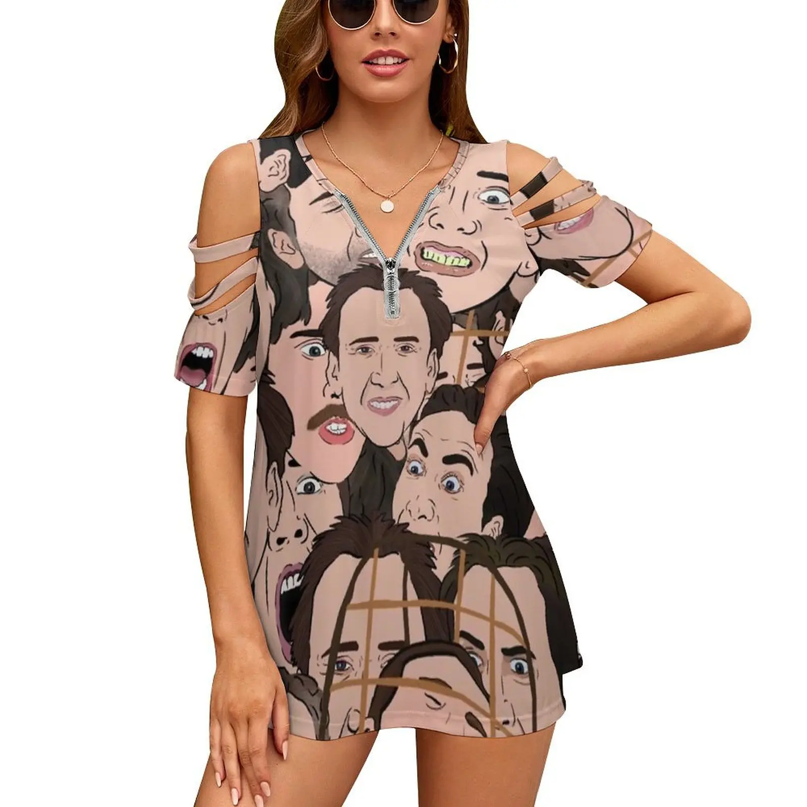 Nicolas Cage All Over Women'S T-Shirt New Fashion Printed Zipper V-Neck Short Sleeve T Shirts Casual Plus Size Nicolas Cage