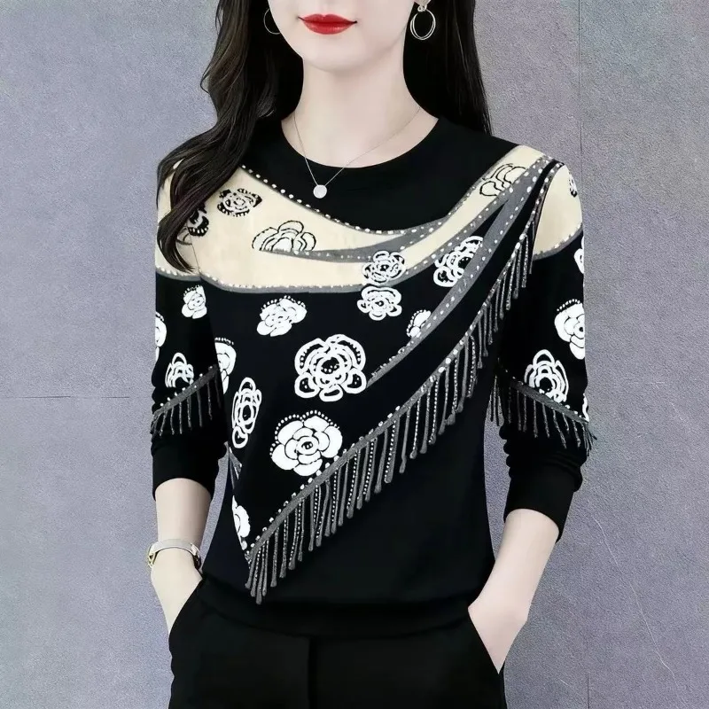 Fashion Round Neck Long-sleeved Bottoming Shirt for Women Spring Autumn New Style Belly-covering Large Flower T-shirt Top