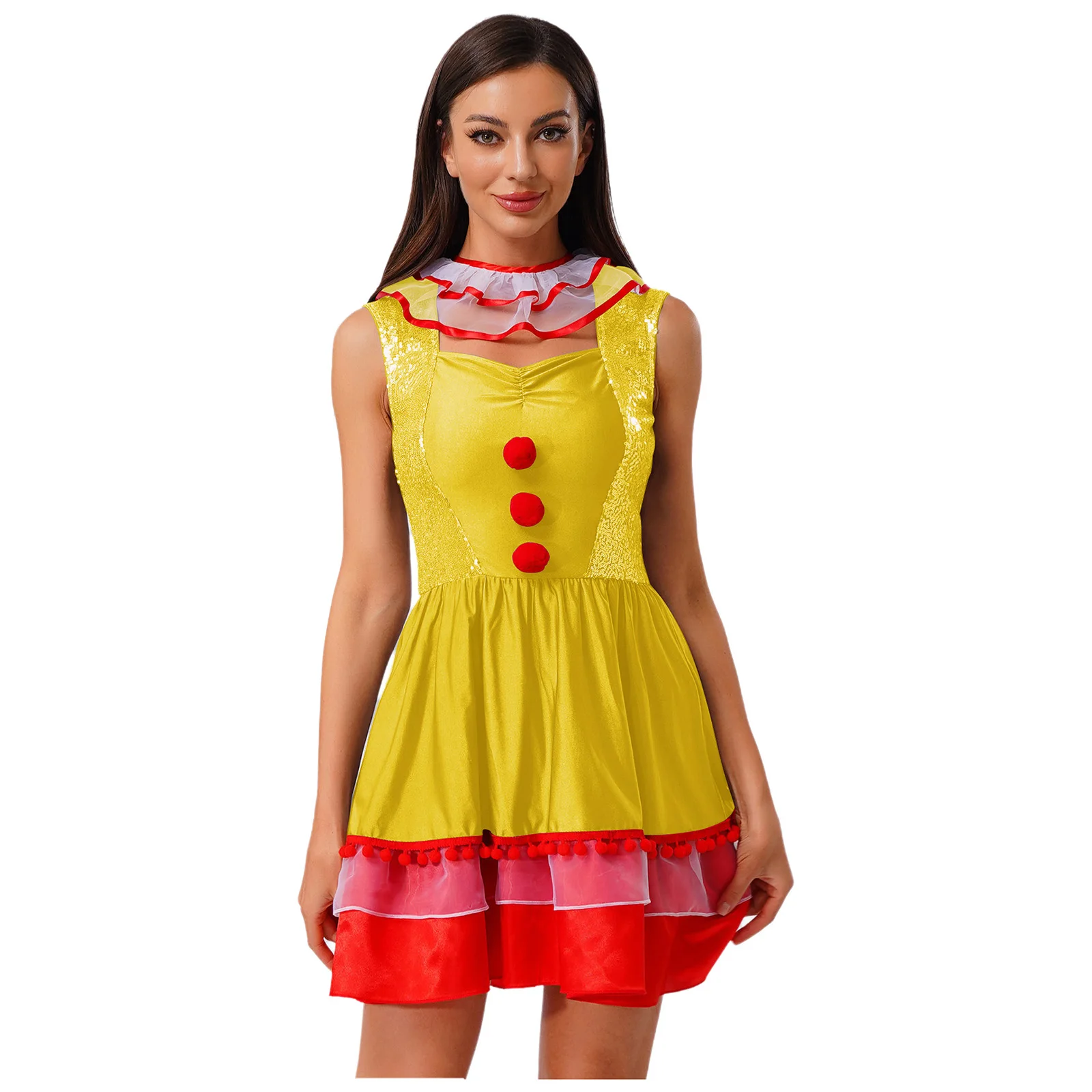 

Women Clown Jester Cosplay Dress Shiny Sequin Pompom Decor Tiered Hem Tutu Dress Funny Costume for Halloween Party Masquerade