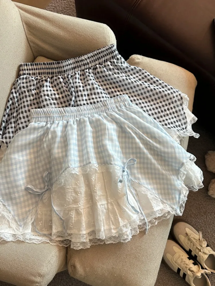 

Летняя клетчатая юбка А-силуэта женская, с высокой талией, кружевными вставками, утягивающая, милая, средней длины, в корейском стиле, для повседневной носки