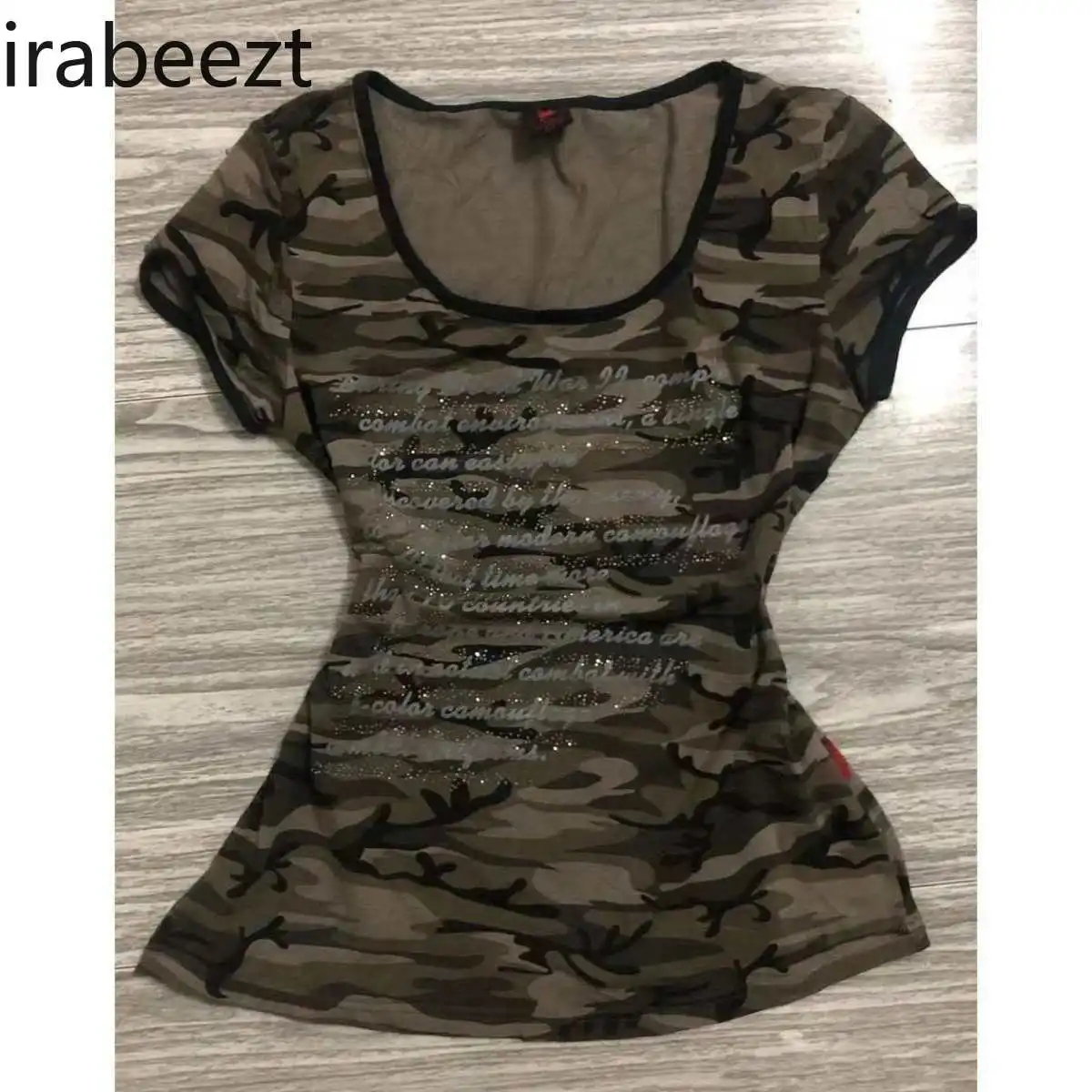 

Camouflage VintageT T-shirt Letter Print Diamond Short Design Top Female Millennium Y2k Slim Short Sleeve Ropa De Mujer