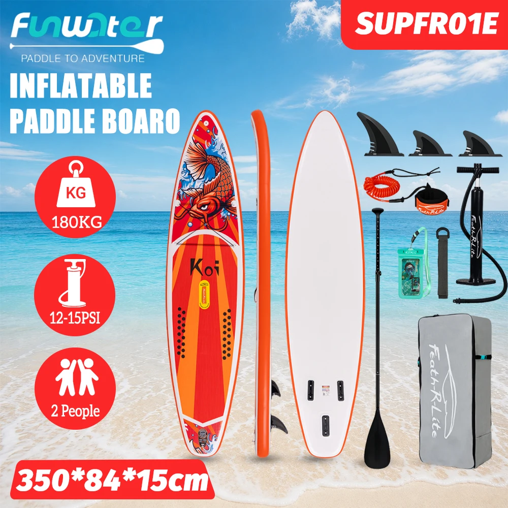 Funwater aufblasbares Stand-Up-Paddle-Board, super großes, rutschfestes Surfbrett, kommt mit einem kompletten Zubehörset für Wasseryoga, Fitness, Angeln und Familienreisen, geeignet für Seen und Strände, 350 cm lang, ideal für Anfänger.