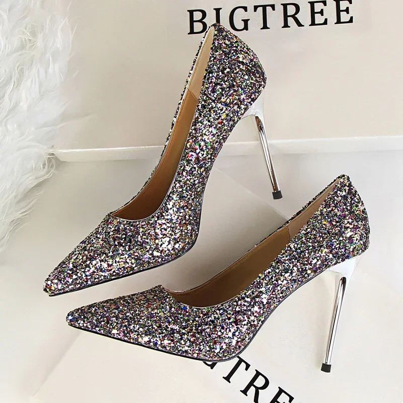 New Autumn Cinderella Shoes Women Bling Sequined Cloth Fashion High Heels Shoes Woman Pumps Pointy Toe Ladies Party Wedding Shoe