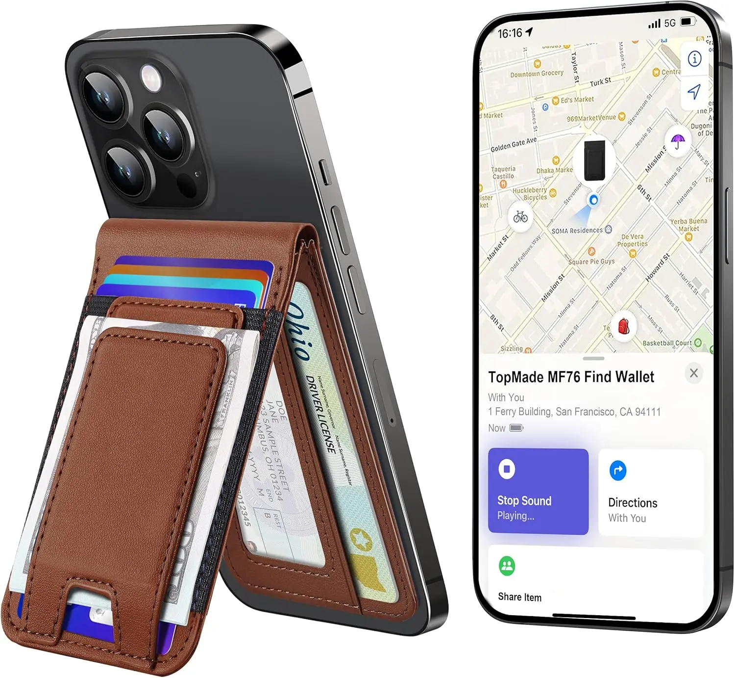 

Магнитный кошелек-подставка с зажимом для денег и трекером Find My для iPhone серий 17/16/15/14/13/12, коричневый с черным ремешком