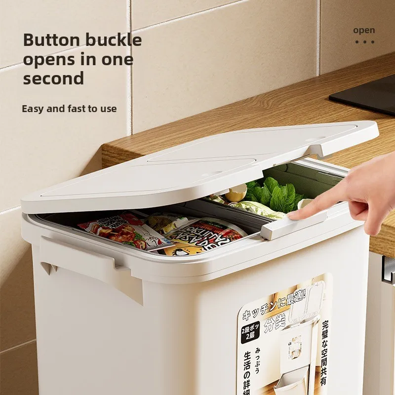 Japanese Style Kitchen Trash Can with Lid Movable No Bending Large Capacity Double Layer Dry Wet Separation Strong Home Use 2026