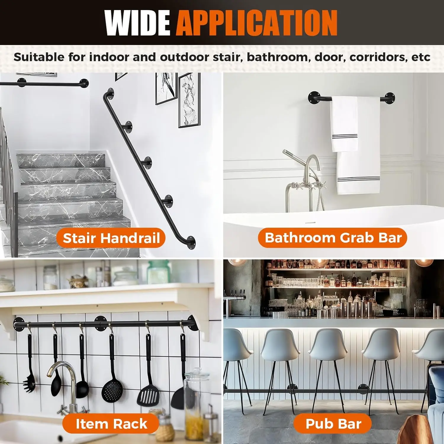 Stair Railing Indoor,6FT Pipe Stair Handrail,440LBS Load Capacity Black Galvanized Iron Hand Rail