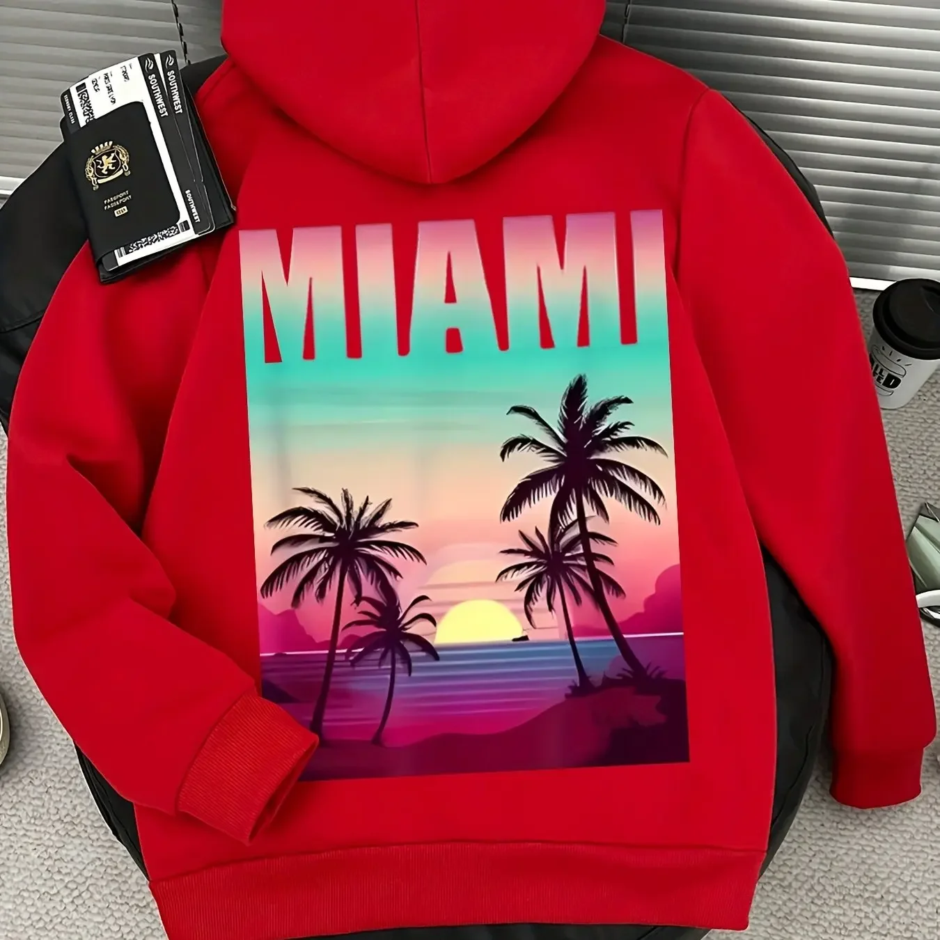 Sudadera con capucha para hombre, suave, de forro polar, holgada, con diseño degradado de Miami, paisaje de puesta de sol con cuatro palmeras de coco y olas del océano