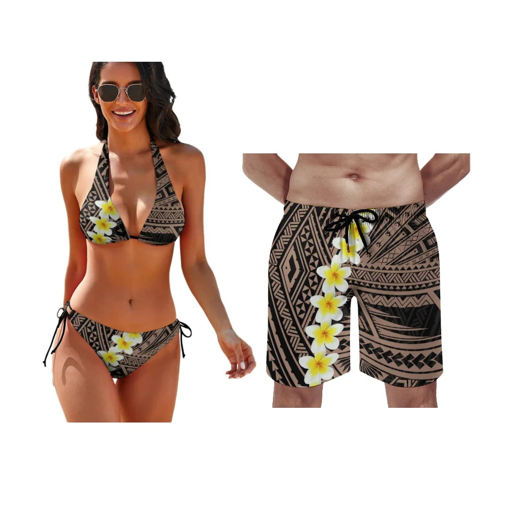 Essential Couple'S Swimsuit Set For Summer Beach Party Customized Polynesian Women'S Bikini Men'S Casual Beach Pants