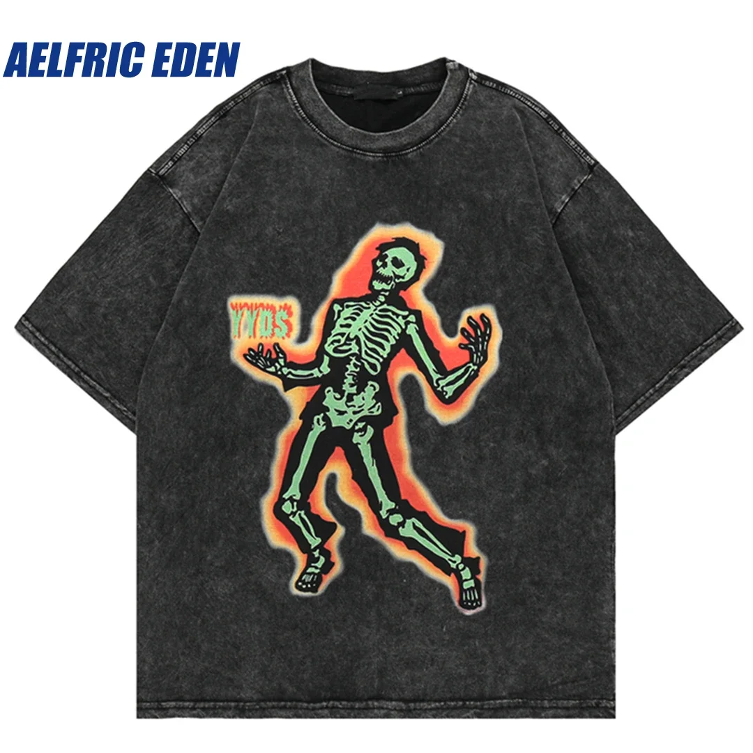 

Aelfric Eden Shout Skeleton Washed Tee 2023 Harajuku Punk Men T Shirt Streetwear Hip Hop Oversize Vintage Printed Tshirt Cotton