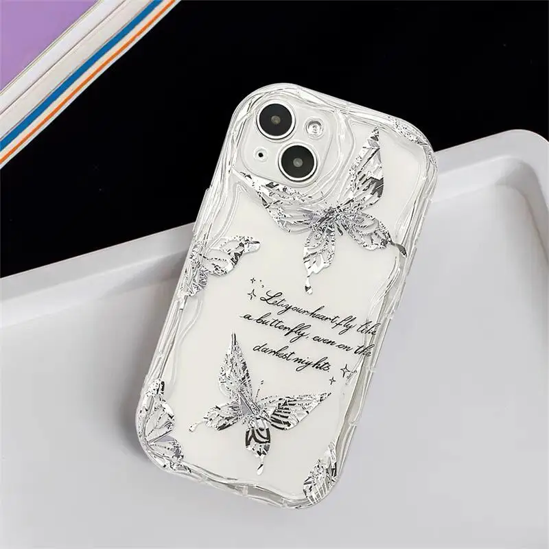 Silvery Butterfly Chain Phone Case For Samsung Galaxy S24 S23 S22 S21 Plus Ultra S23FE S21FE S20FE A12 Cover Love Heart Wrist