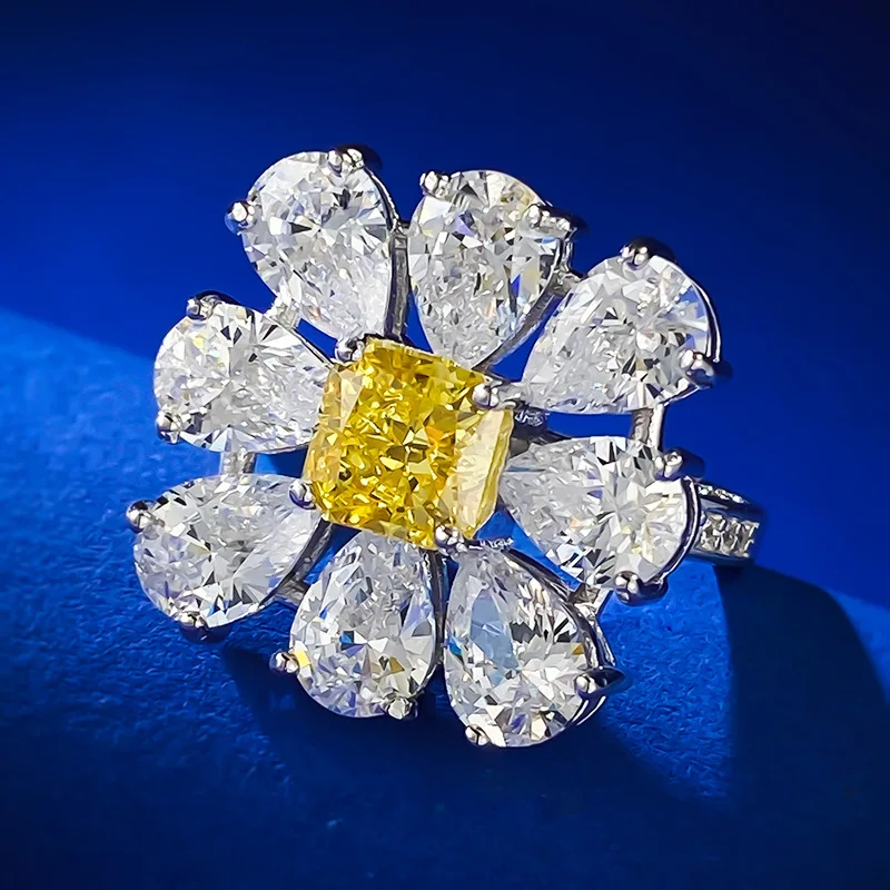 European and American Silver S925 Silver Imported High Carbon Diamond 6 * 6 Yellow Diamond Ring Ring Group Flower Cluster Weddin