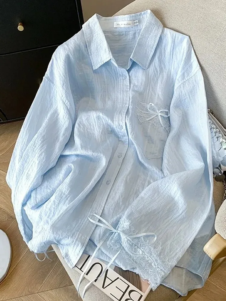 Zoki Blue Sweet Sun Proof เสื้อผู้หญิง Lace Patchwork เกาหลีเสื้อหลวมแฟชั่นแขนยาว Elegant หญิงสบายๆเสื้อน่ารัก