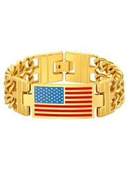ChainsPro Stainless Steel 17.5mm Wide USA Flag Bracelet Bangle for Man Double Curb Chain 4th of July Independence Day 19 21 23cm