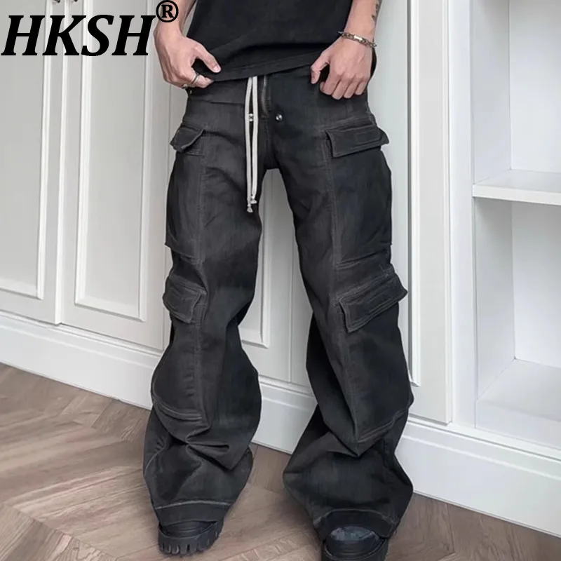 

HKSH Spring Autumn Men Tide RO Style Washed Gradient Pocket Cargo Pants Straight Casual Drawstring Wide-Leg Flared Jeans HK19810