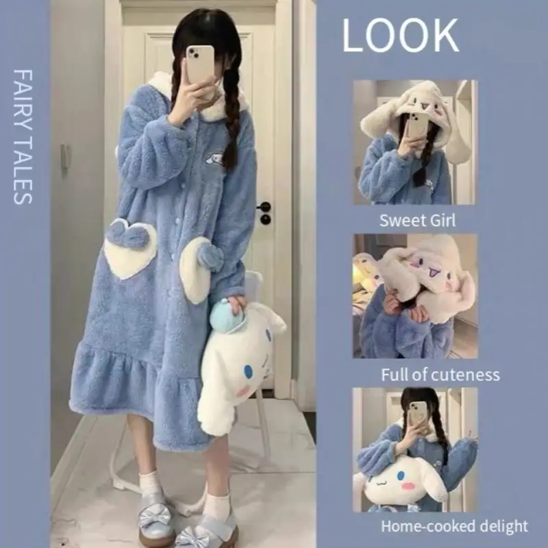 

2026 Women's Cute Warm Fleece Robe Sleepwear Pajamas Ladies Soft Cozy Nightwear Casual Home Wear Winter Autumn Comfortable Snug