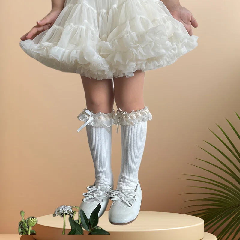 Japanese Style Mid Calf Socks for Girls Kids Embroidered Ruffle Bow Stockings for Students Children Summer Sock
