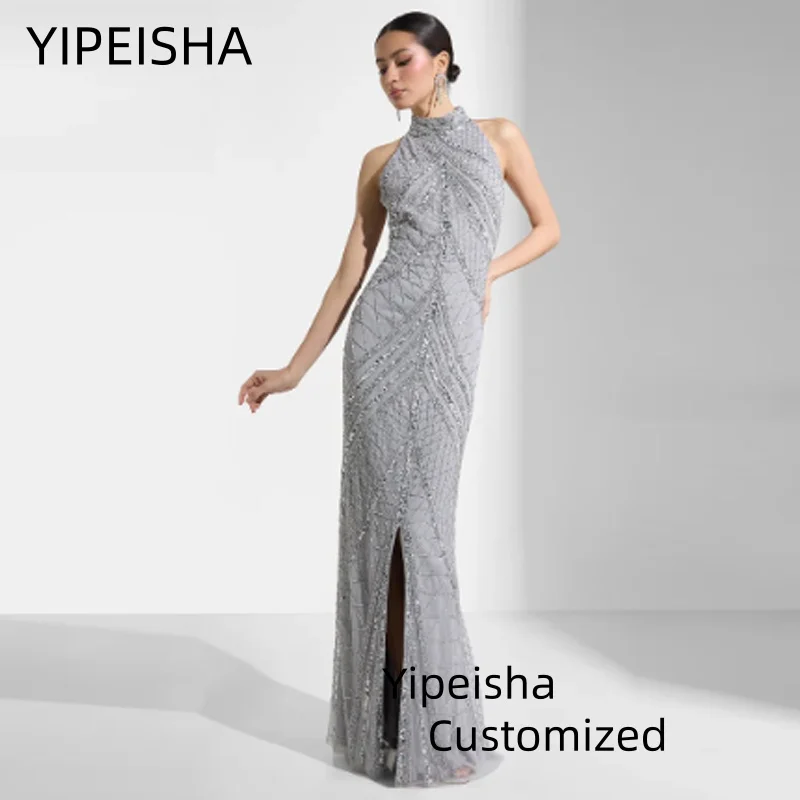 

Customized Vintage Elegant Sequin Beaded Prom Dress Sleeveless Side Slit Bodycon Evening Party Sexy Retro Fancy Vestidos Dress