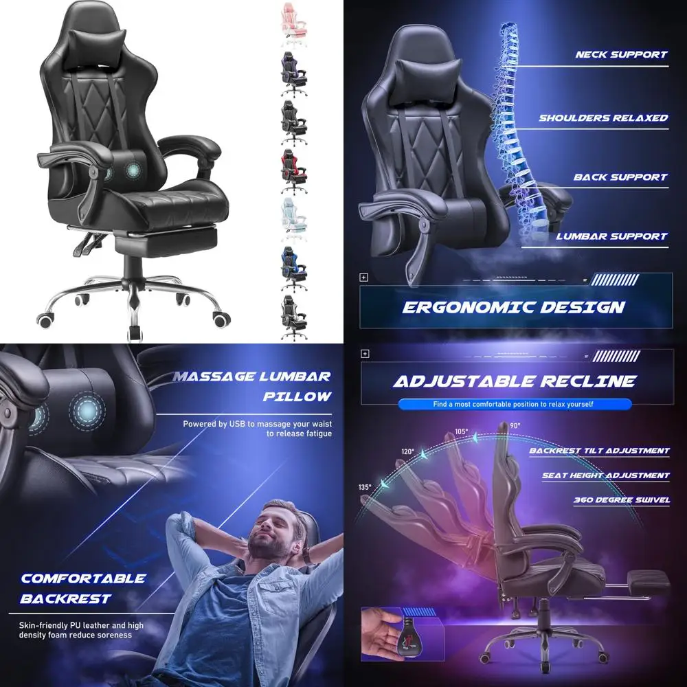 Ergonomic Swivel Gaming Chair with Footrest, Lumbar Massage Support, and High Back for Comfortable Video Gaming Sessions