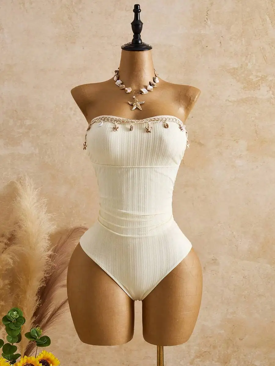 

Ribbed Tube Swimsuit With Starfish And Shell Embellishments For Bohemian Beach Getaway And Summer Festivals