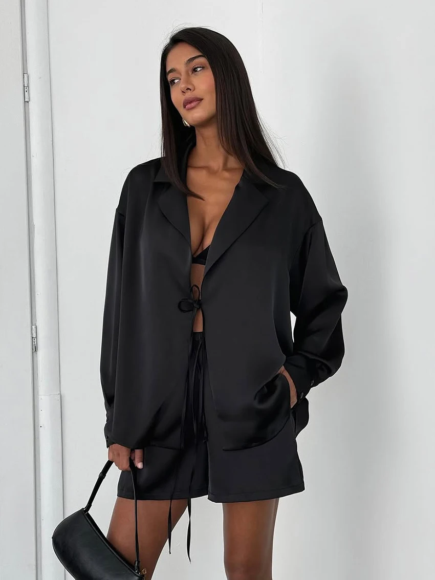 

Marthaqiqi Loose Ladies Sleepwear Set Long Sleeve Nightgowns Lace Up Pajamas Turn-Down Collar Nightie Shorts Casual Home Clothes