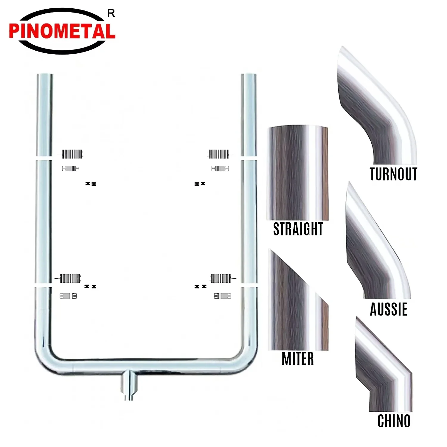 PINO  7 Inches Flat Straight Cut Top  304 SS Chrome Truck Stack Exhaust Kit for Peterbilt