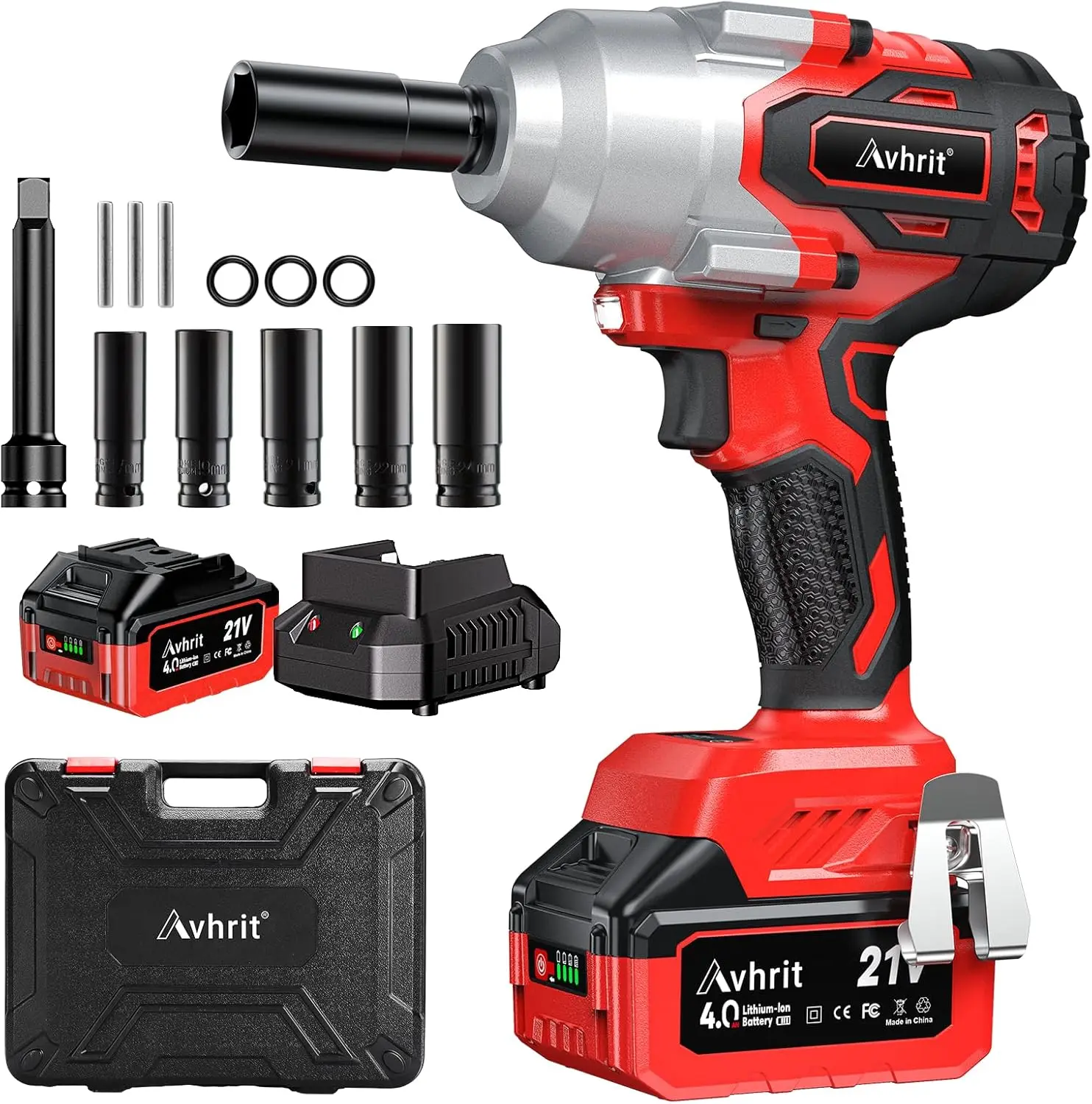 

Avhrit Cordless Impact Wrench 1/2 Impact Gun 700N.m/850N.m 2*4000mAh Electric Impact Wrench Fast Charger 5 Sockets for Car Tires