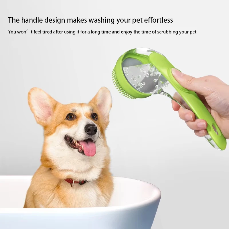 Long Handle Silicone Pet Bath Brush, 3-in-1 Massage Shampoo Dispenser with Head Cleaning Pad – Grooming Brush for Dogs & Cats