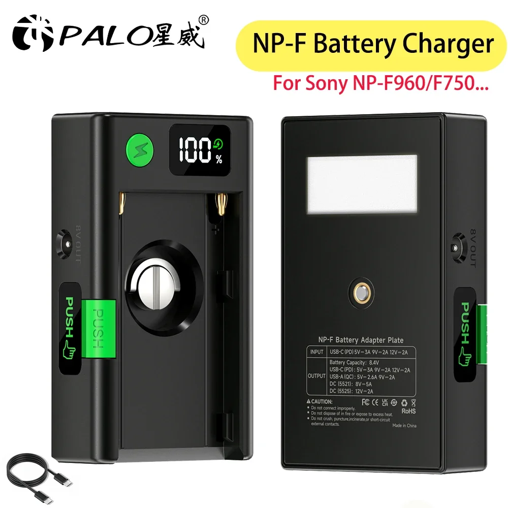 

NP-F Battery Charger Adapter NP F Plate Adapter with Fast Charging Cable for Sony NP-F750 F550 F970 NP F960 F980 LCD NPF Charger