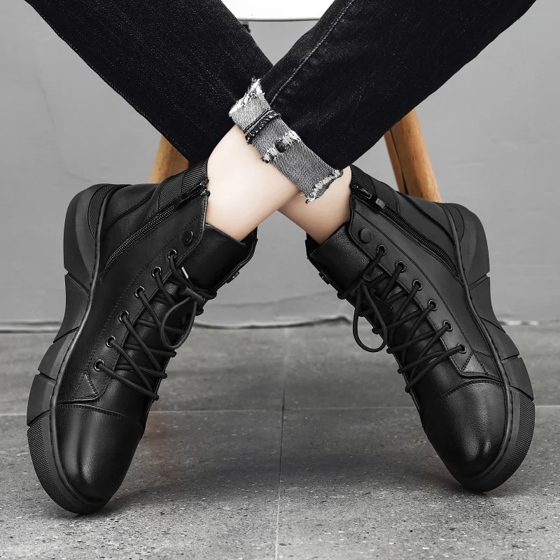 Black Leather Men Ankle Boots Winter Outdoor Casual Shoes No-slip High Top Male Work Shoes High Quanlity Light Man Chelsea Boots
