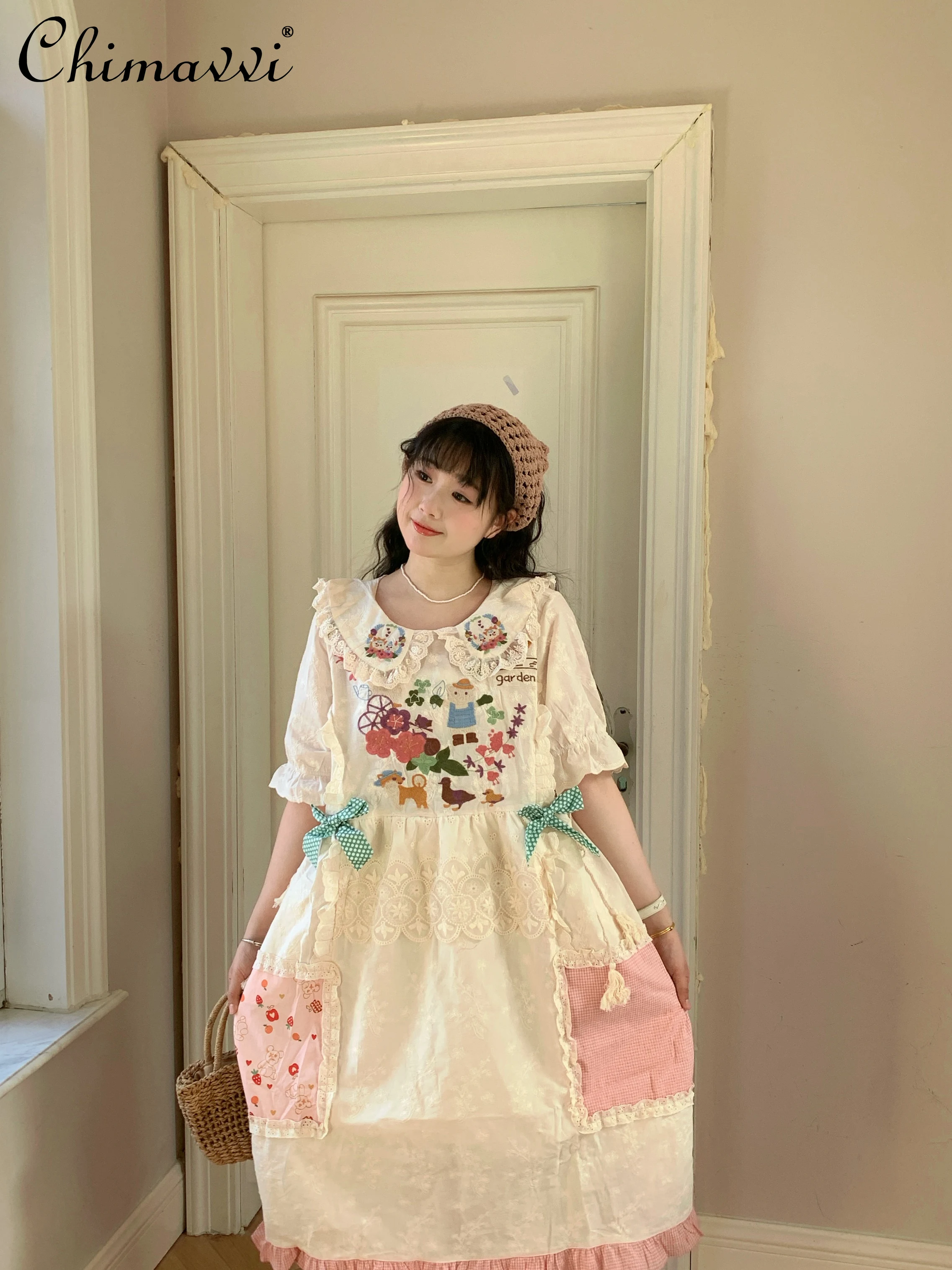 

Sweet Girl Pink Plaid Patch Contrasting Color Bow Dress Summer New Cute Embroidery Short Sleeve Loose Temperament Long Dress