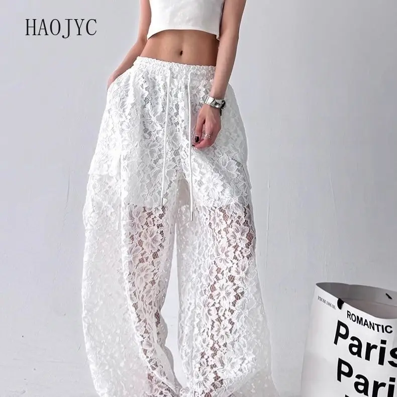 

2025 summer lace wide-leg black casual pants women's hollow fashion new design straight wide-leg pants fat sister