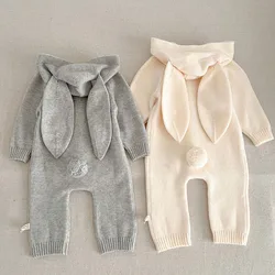 2024 New Autumn Winter Toddler Baby Boys Girl Knitted Romper Long Sleeved Solid Color Hooded Infant  Baby Knitted Jumpsuit