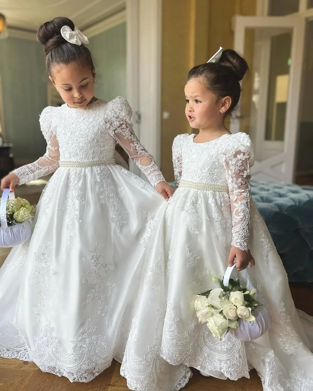JDY-vestido blanco personalizado de flores para niña, vestido de boda con lazo de encaje, apliques hasta el suelo, fiesta de cumpleaños y comunión