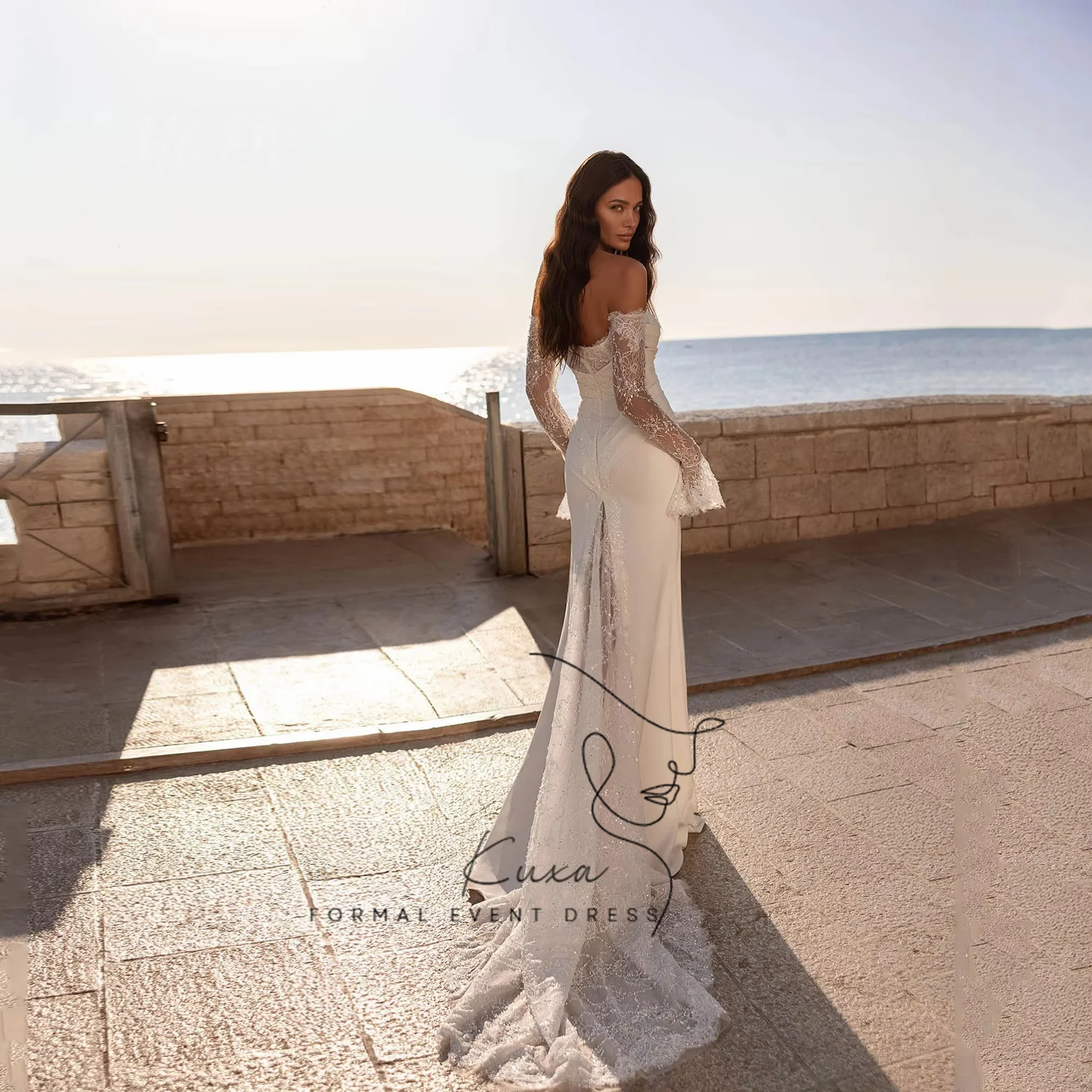 KUXA Satin Ivory Wedding Dress For Brides Off Shoulder Mermaid Strapless Long Sleeve Vestido De Novia Estilo Princesa Customized