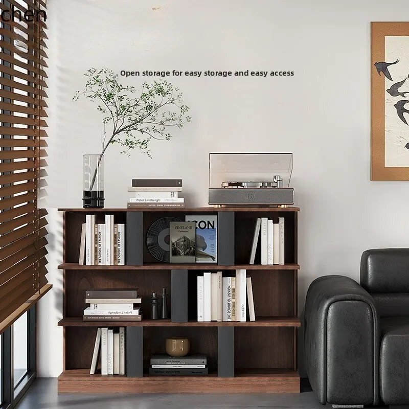 Simple Ancient Style Solid Wood Bookshelf Wall-Mounted Integrated Floor Storage Rack Living Room Display Shelf Low Model