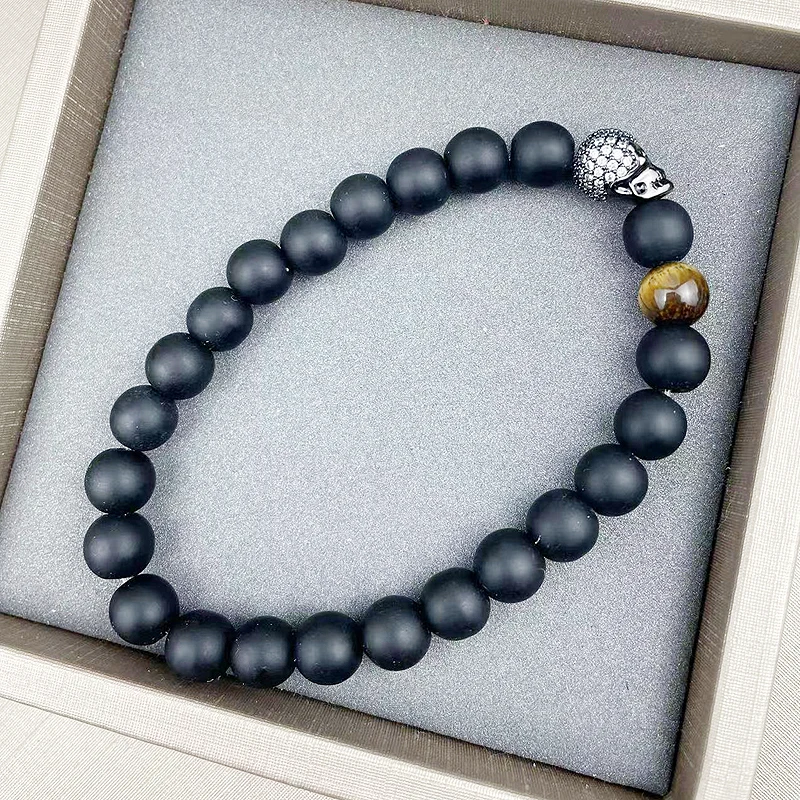 official-website tiki Zircon Halloween Skeleton Bracelet Man Black Onyx Matte Beads Skull Bangle Pulseras Hombre Jewelry