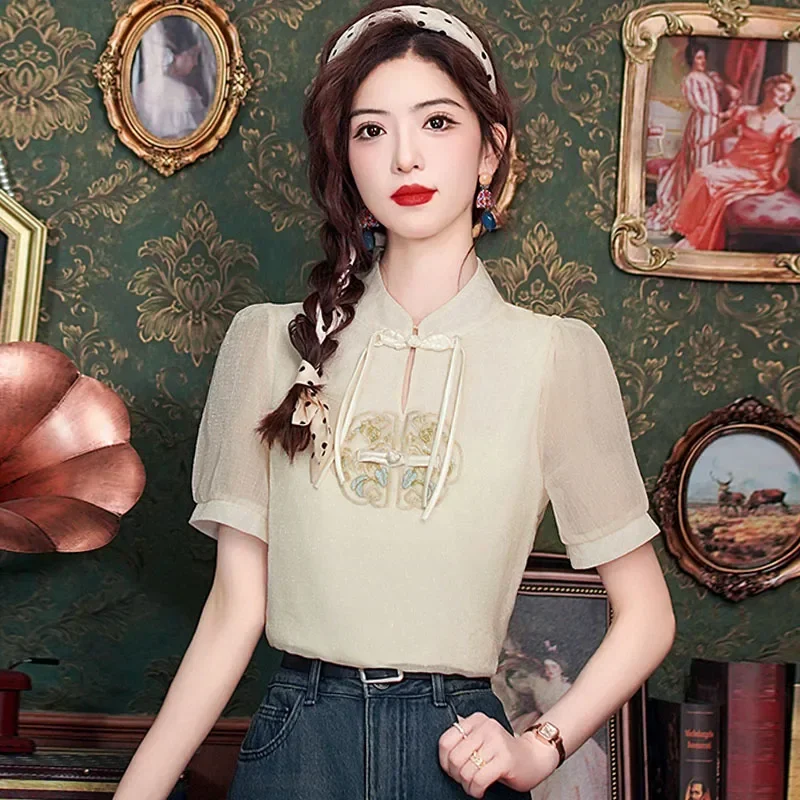 Blusa de Verano 2026 de Manga Corta para Mujer, Blusa de Gasa con Cuello Mao y Bordado, Blusas de Moda para Mujer H582