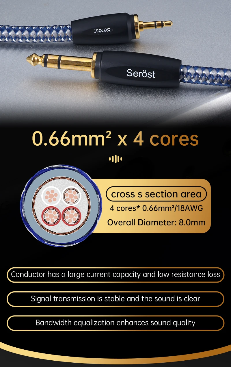 Serost StarPro HiFi-Audiokabel, versilbertes OFC-Kabel, 3,5-mm-AUX auf 6,5-mm-TRS-Stereo-Adapterkabel für Mikrofon, Verstärker, Lautsprecher – Detail 6