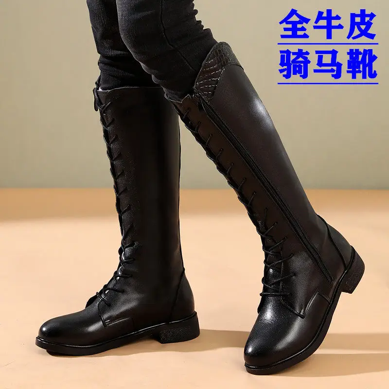 Genuine Leather Women's Equestrian Long Boots Trend Western Knee High Boots Riding Equipment Lace Up Resistant Horse Rider Shoes