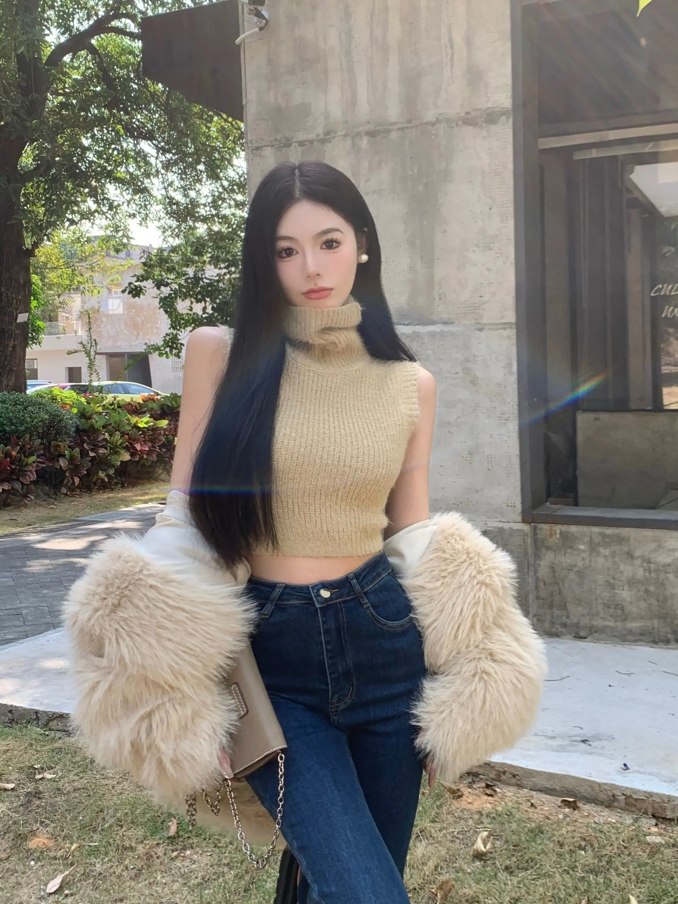 Wholesale Sleeveless Turtleneck Sweater Vest Base Slim Pullovers Women Faux Mink Cashmere Autumn Winter Short Solid Knitted Top