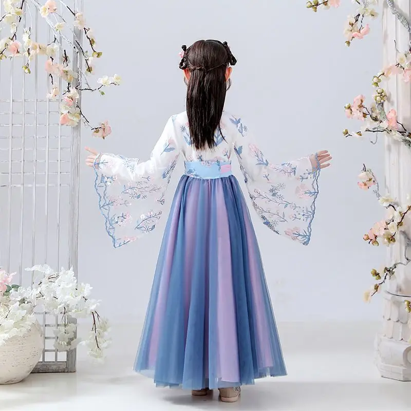 New Retro Girls' Chinese Hanfu Dress Vintage Kids Embroider Flower Hanfu Tang Suit Elegent Children Birthday Dress Costume Girls