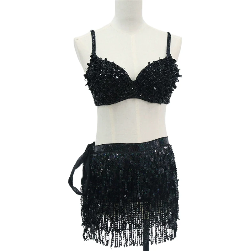 Damen 2-Teiliges Set Tanz-Bralette Crop-Top Quasten-Minirock-Set Bauchtanz Jazz Pole Dance Bühnenauftritt Party Rave Outfit – Detail 6