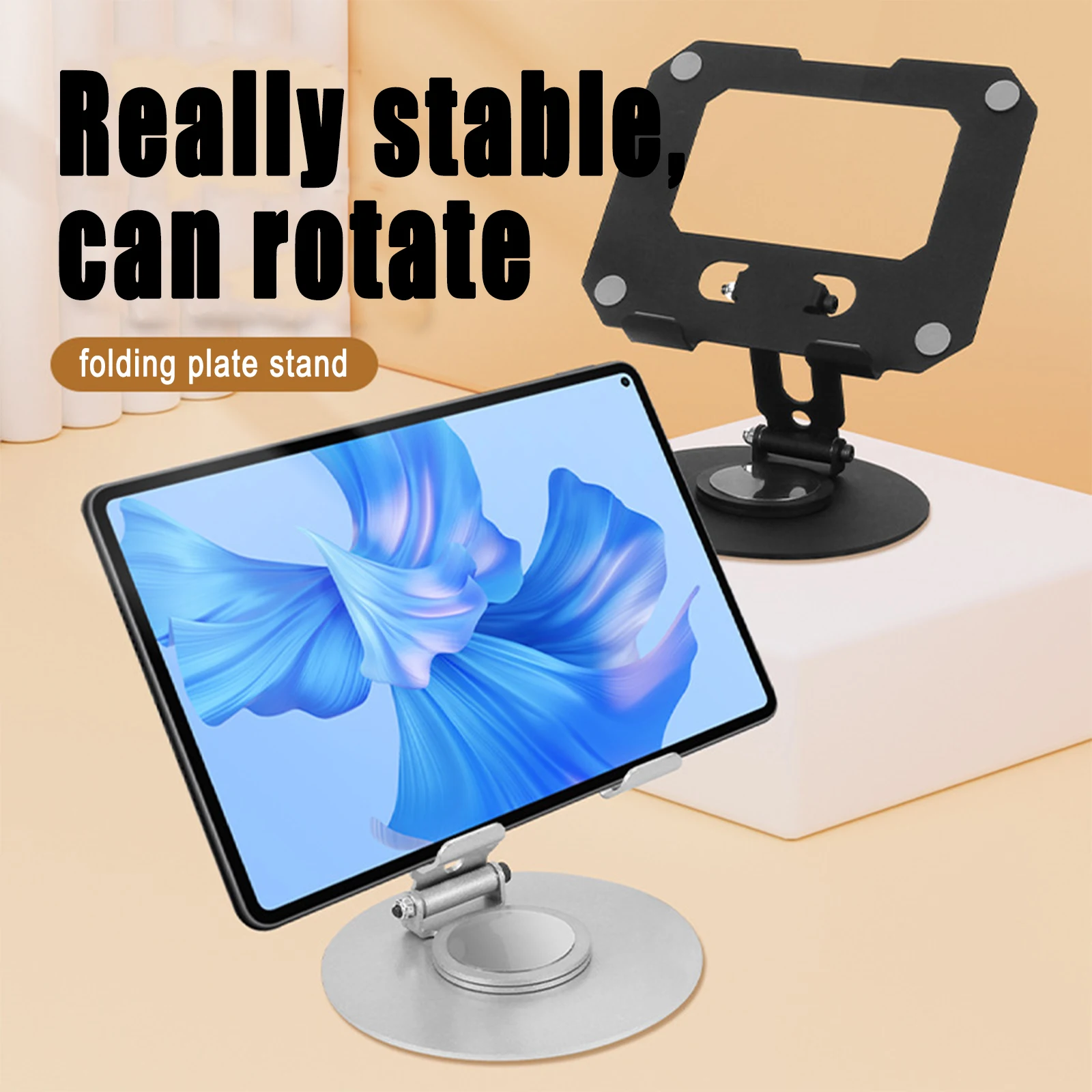 Tablet Stand Adjustable, Swivel iPad Stand with 360 Rotating Base, Alloy Foldable Desktop Holder Compatible with All Tablet