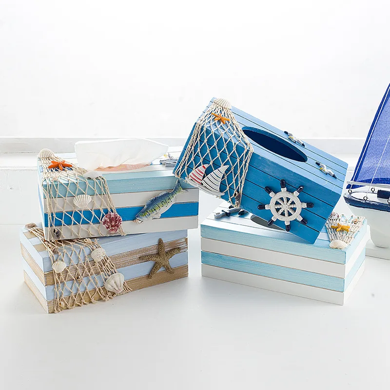 Modern Tissue Holder Decorative Nautical Wood Tissue Box Cover Nautical Napkin Box Holder - Rectangular - Textured Finish