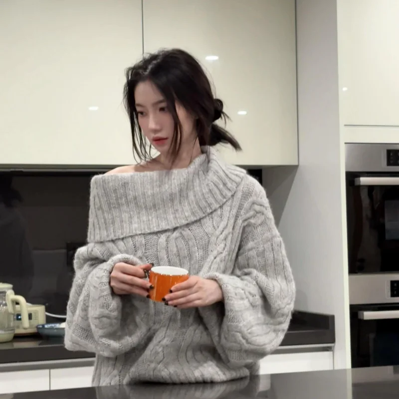 

Lantern Sleeve One-collar Pullover Sweater Women's Solid Color Casual Loose Fashion Top