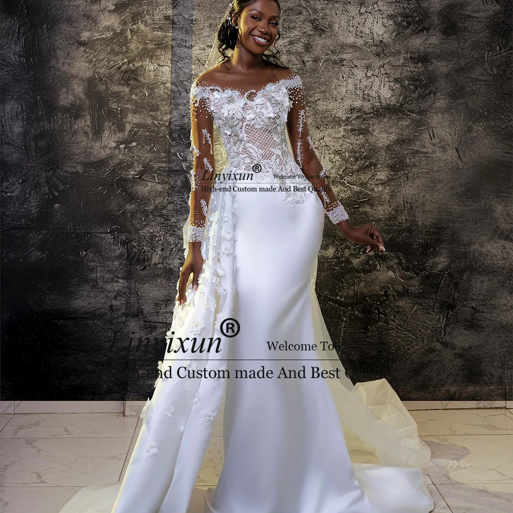

Exquisite 3D Ornaments Wedding Dresses Detachable Train Mermaid Bridal Gowns Customized Full Sleeves Beading robe de mariée