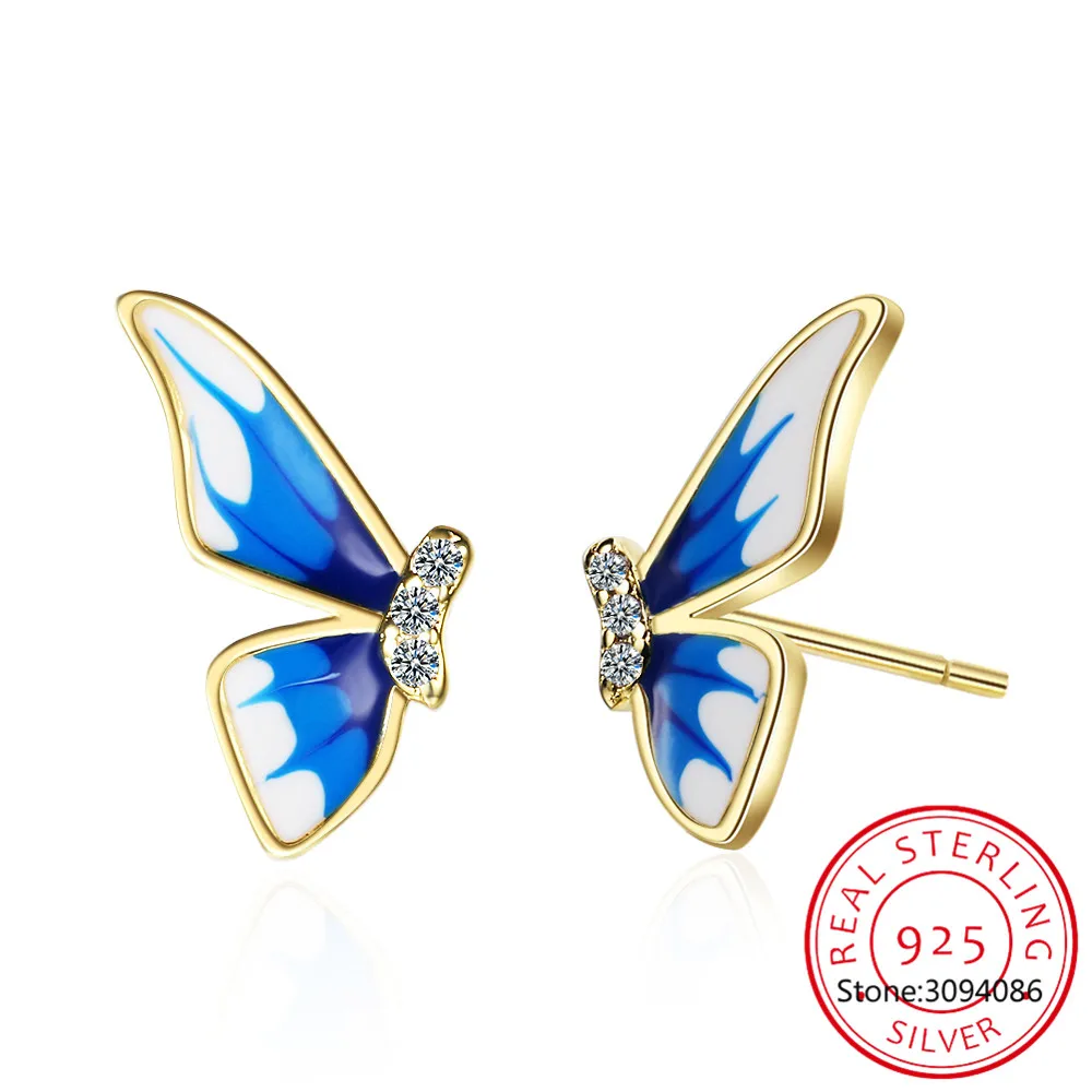 

Настоящие серьги-гвоздики из стерлингового серебра 925 пробы с белой и синей эмалью в виде бабочки, с блестящими фианитами, для женщин, для свадьбы и вечеринки, изысканные ювелирные изделия DA2713