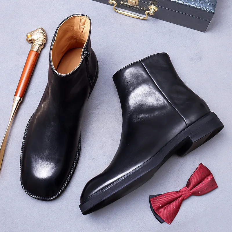 Solid Color Top Layer Cowhide Genuine Leather Men\'s Ankle Boots Vintage Boots Wide Round Toe Zipper British Style High Top Shoes