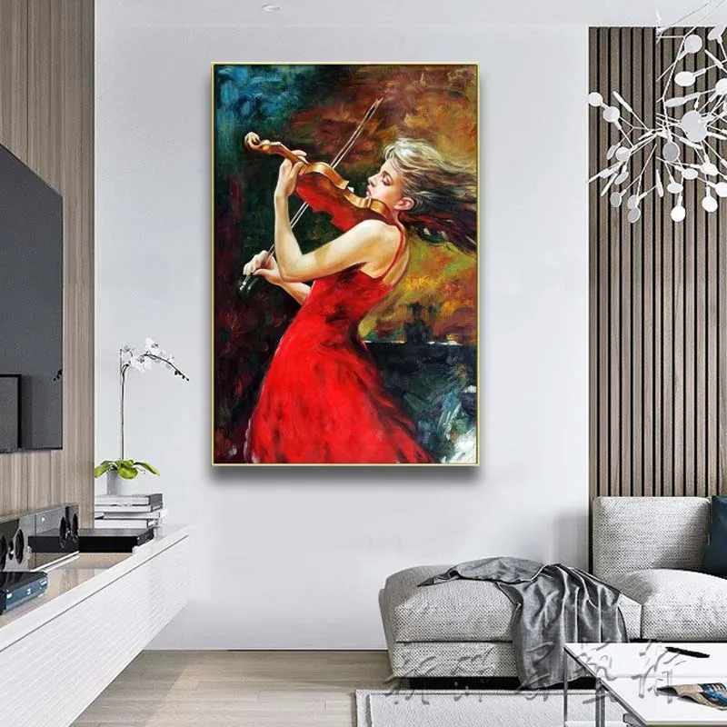 Handmade figure painting,Beautiful girl playing violin,Russian canvas painting art,Restaurant and living room decoration picture